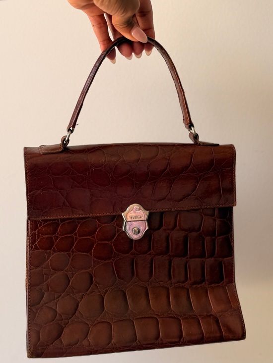 Furla Handbags - Vintage Furla Dark Brown Croc-Embossed Leather Top Handle Satchel